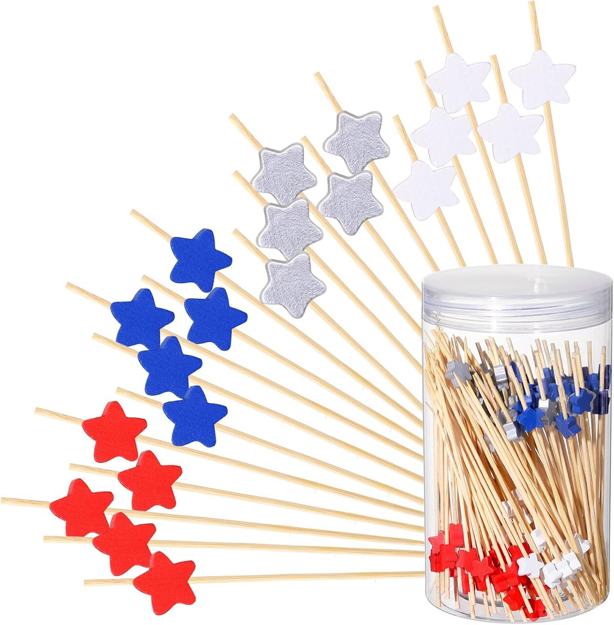 White Blue Red Star Cocktail Picks 4.7'' 4th of July Bamboo Fruit Appetizer Skewers Patriotic Fancy Toothpicks Independence Day Party